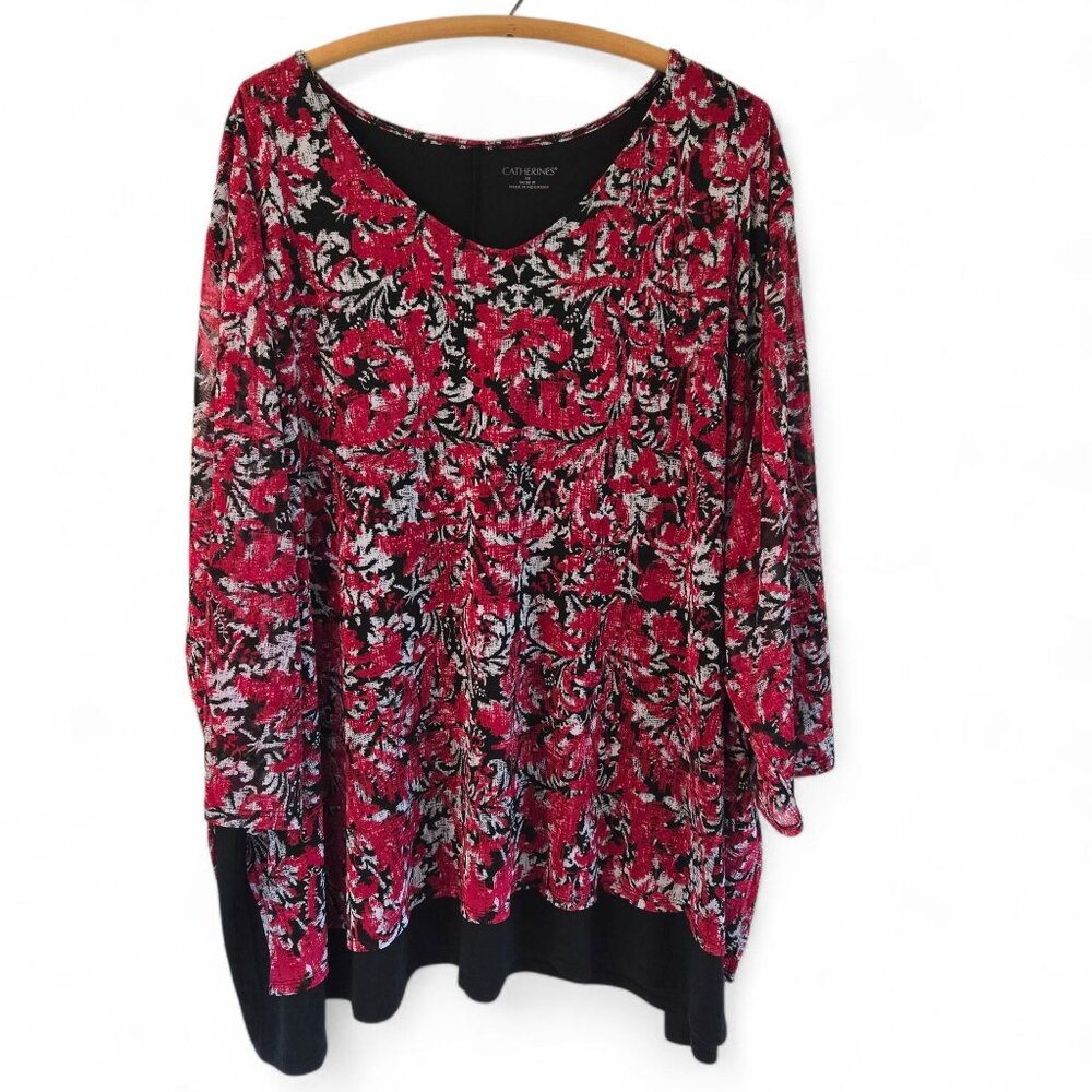 Catherines Plus Size 5X Red/Black Floral Tunic V-Neck Long Sleeve Stretch Top